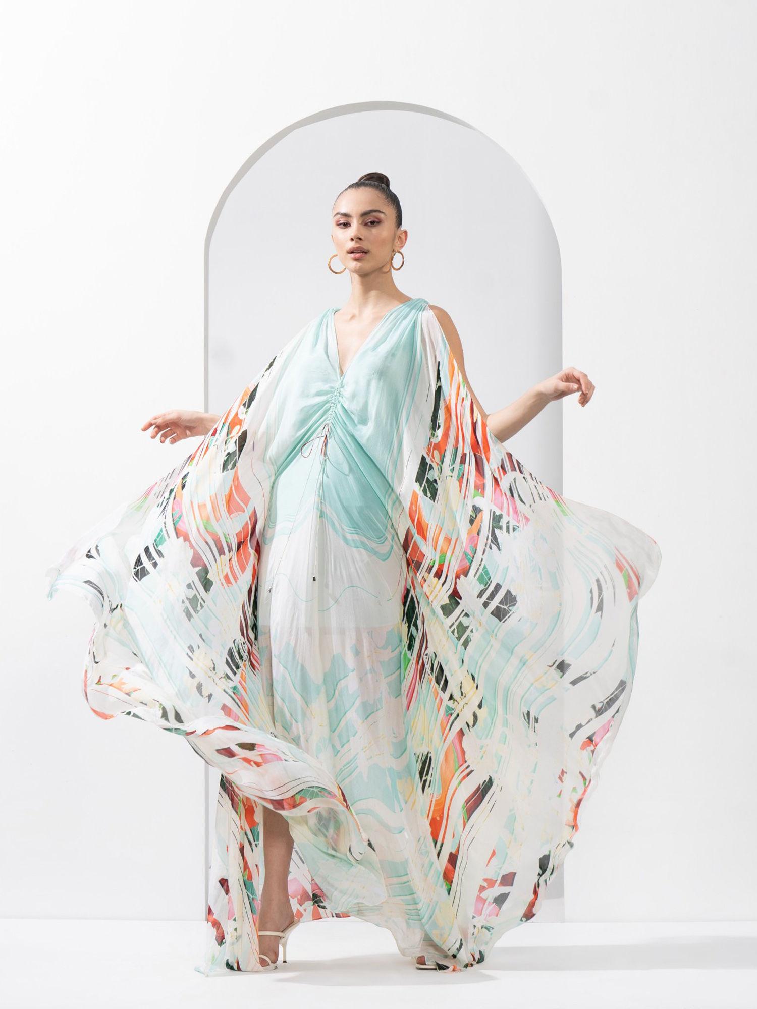 ocean blue placement chiffon kaftan with a line hem & ruched detailing