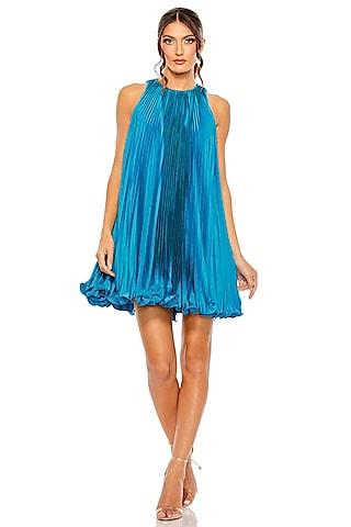 ocean blue satin pleated halter mini trapeze dress