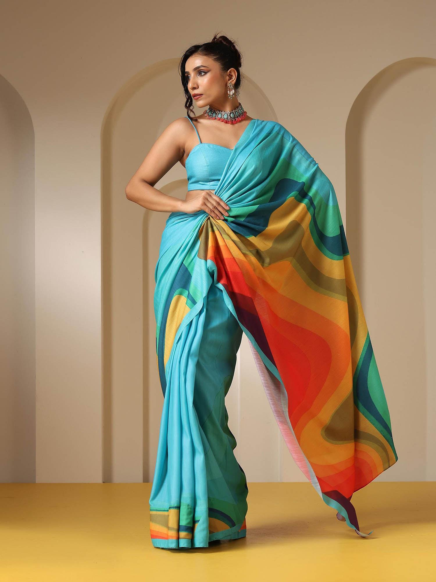 ocean blue soft linen blend saree with unstitched blouse