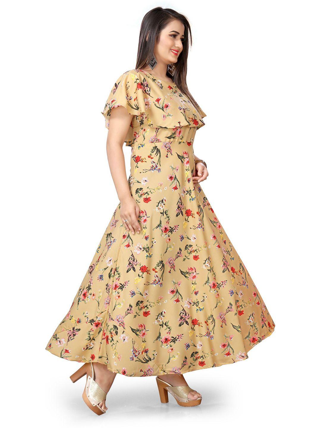 oceanista mustard yellow & buff floral print cape sleeve crepe maxi dress