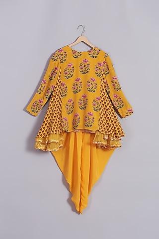ochre yellow floral motif printed kurta set for girls