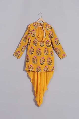 ochre yellow floral printed kurta set for girls