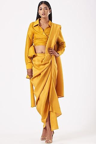 ochre yellow silk dupion saree with ochre yellow ken shirt