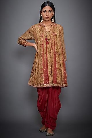 ochre & red embroidered kurta with dhoti