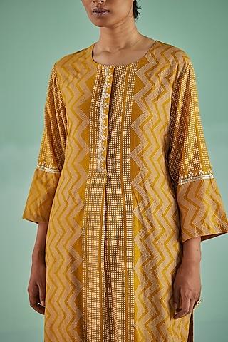 ochre bamboo silk printed & embroidered kurta set