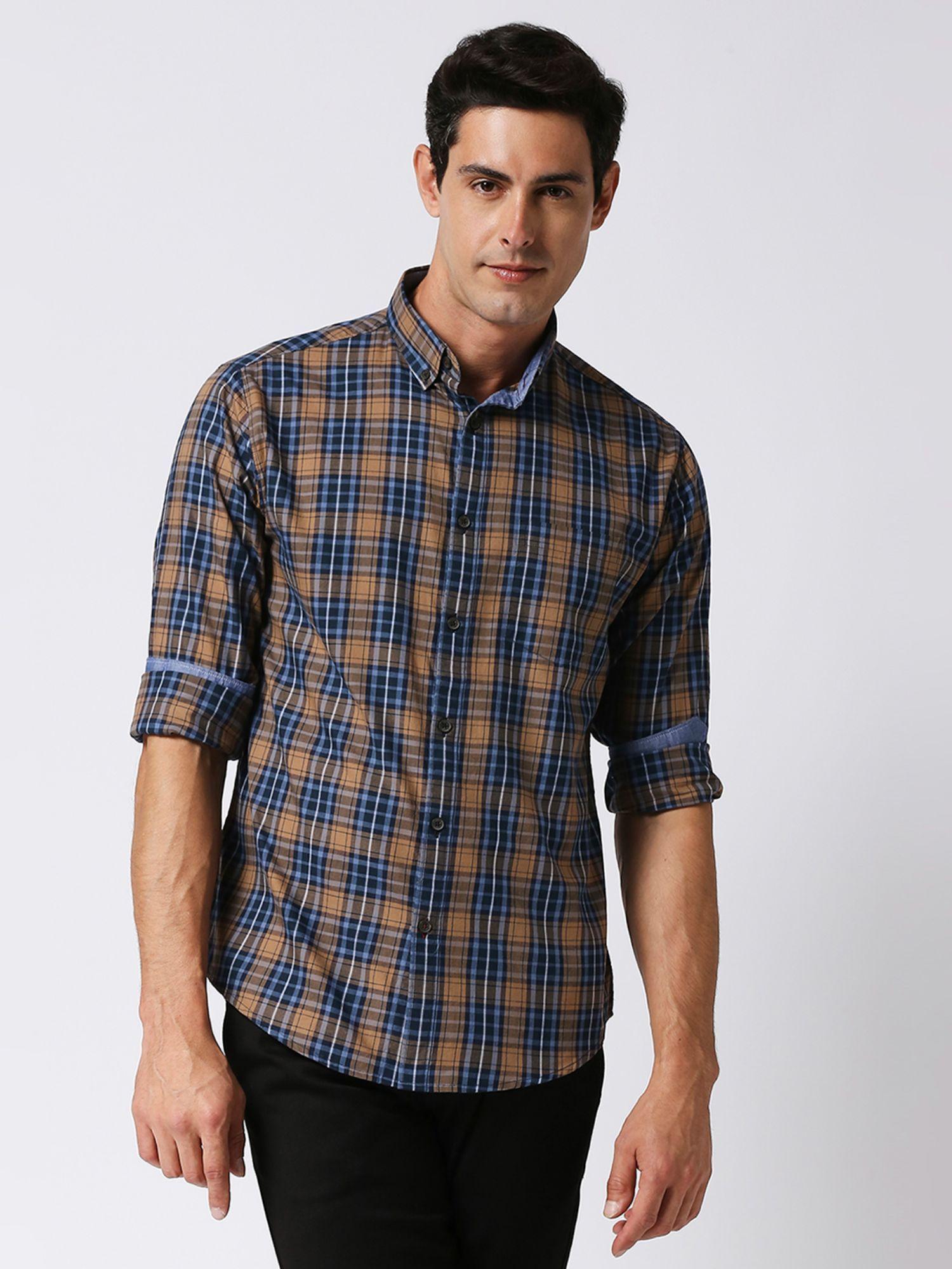 ochre brown fine twill checked shirt with pocket