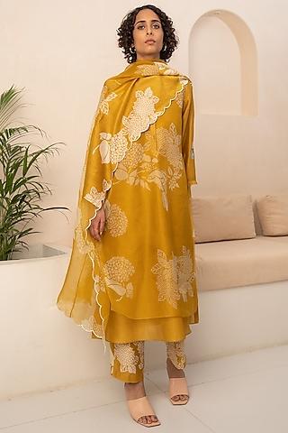 ochre chanderi & organza printed layered tunic set