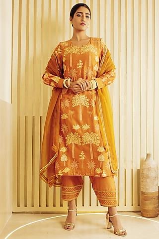 ochre chanderi embroidered a-line kurta set