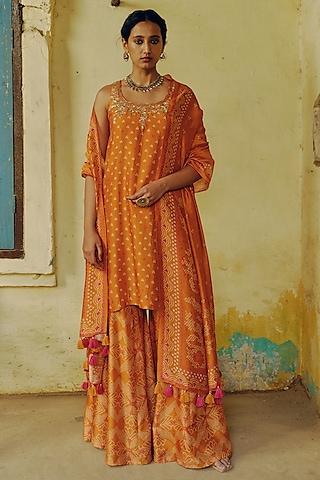 ochre dupion silk bandhani printed & hand embroidered kurta set