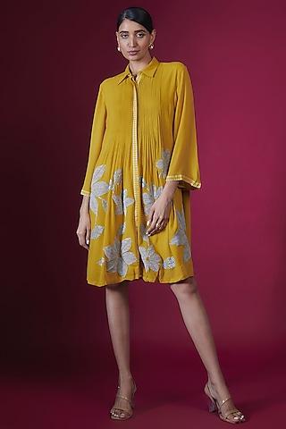 ochre georgette floral hand embellished pleated straight tunic