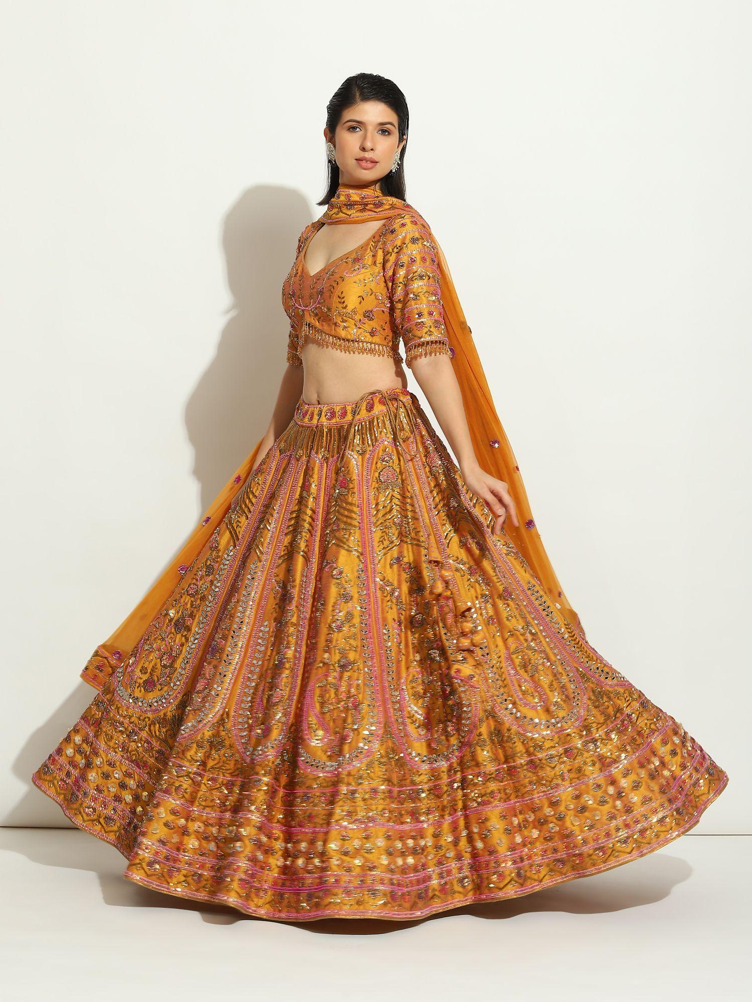 ochre lehenga with zardozi and thread work (set of 3)