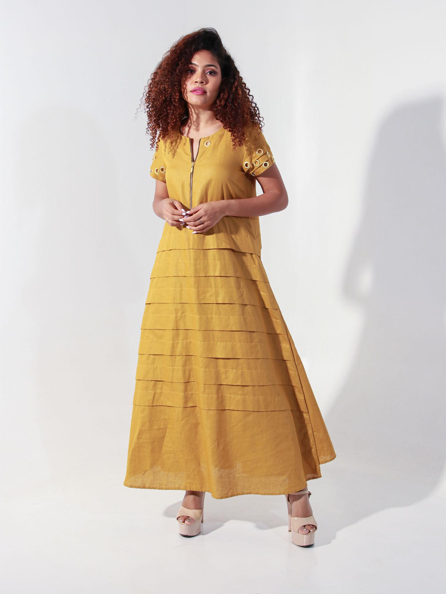 ochre linen long dress with self panels and tie-up feature at the back