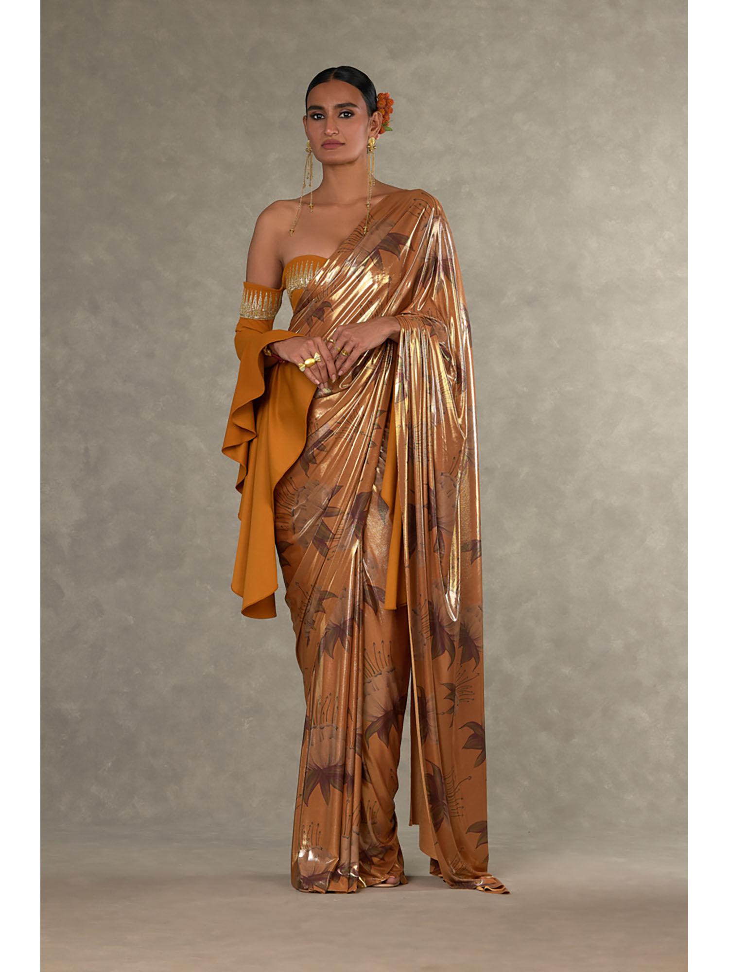 ochre masakali saree with stitched blouse