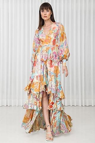 ochre organza & brasso printed layered dress