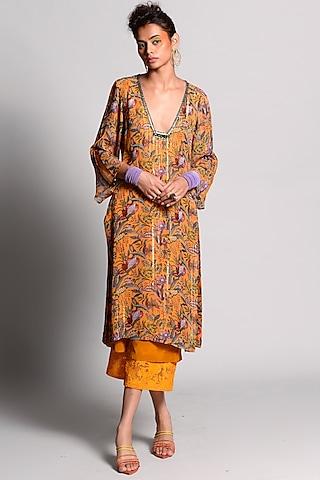 ochre printed & embroidered tunic set