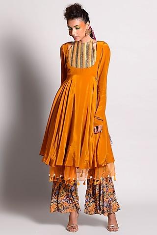 ochre thread embroidered anarkali set