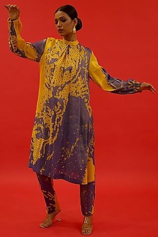 ochre tissue hand painted a-line kurta set