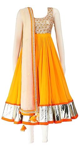 ochre yellow and cream anarkali with banarasi net