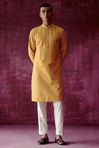 ochre yellow cotton silk embroidered kurta set