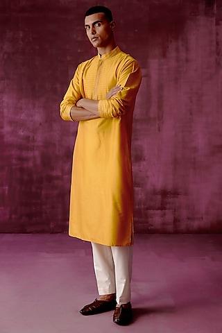 ochre yellow cotton silk tonal embroidered kurta set