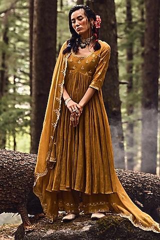 ochre yellow embellished anarkali set