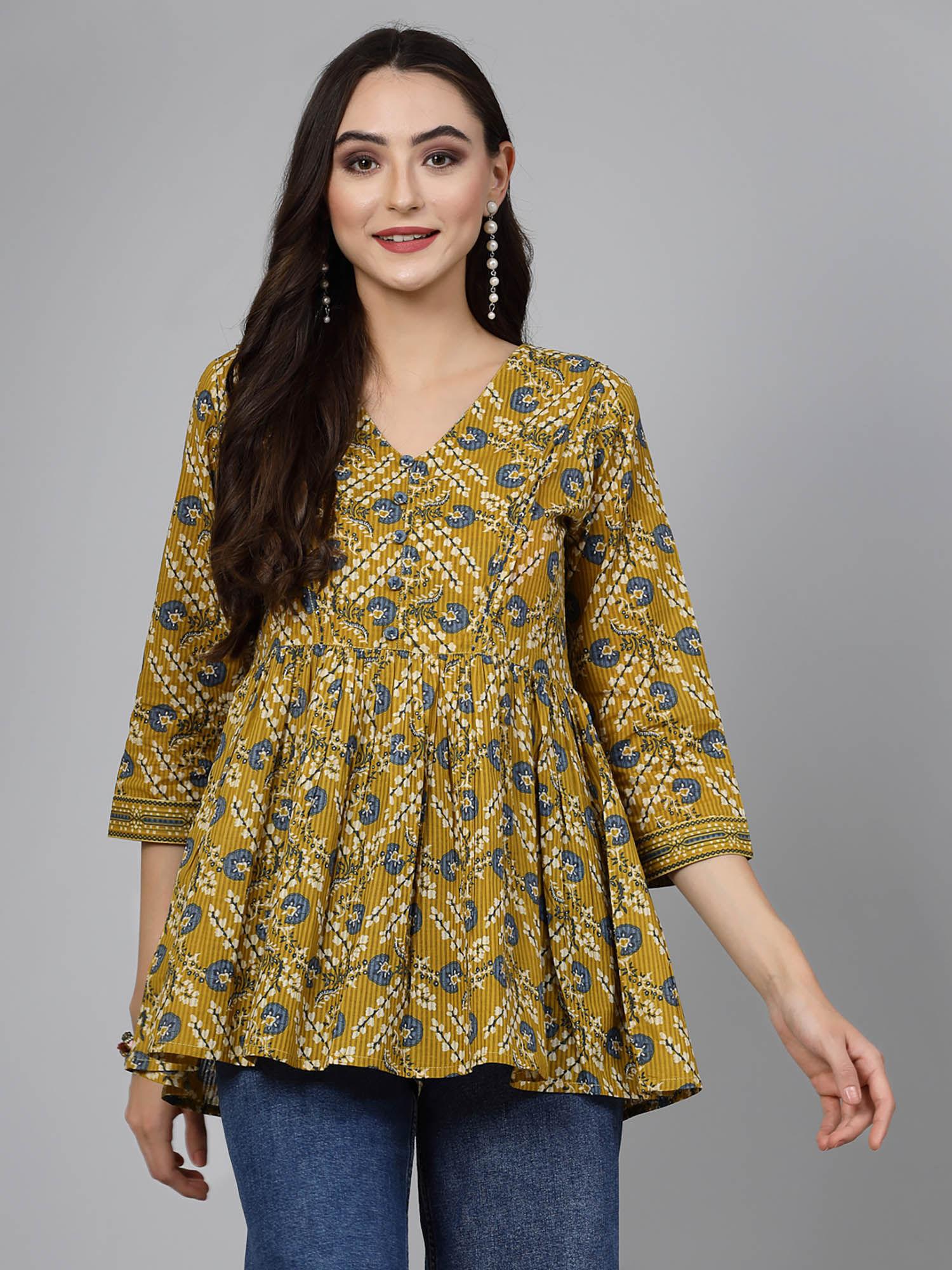 ochre yellow floral printed top with gathers