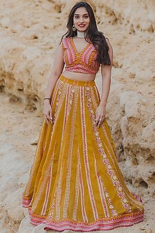 ochre yellow georgette printed lehenga set