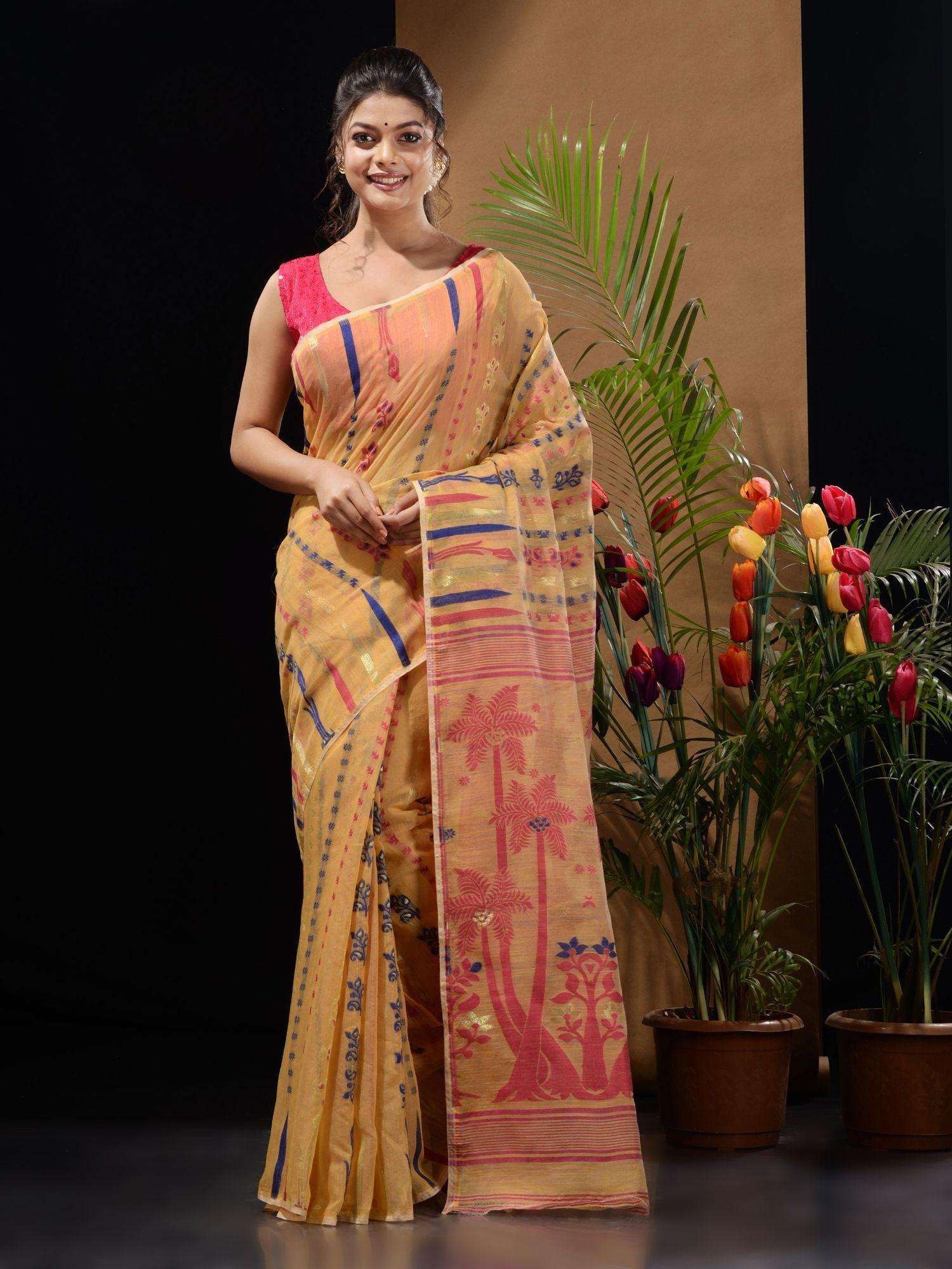 ochre yellow handwoven saree with woven designs & zari work