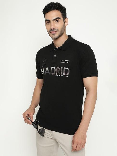 octave black cotton regular fit printed polo t-shirt