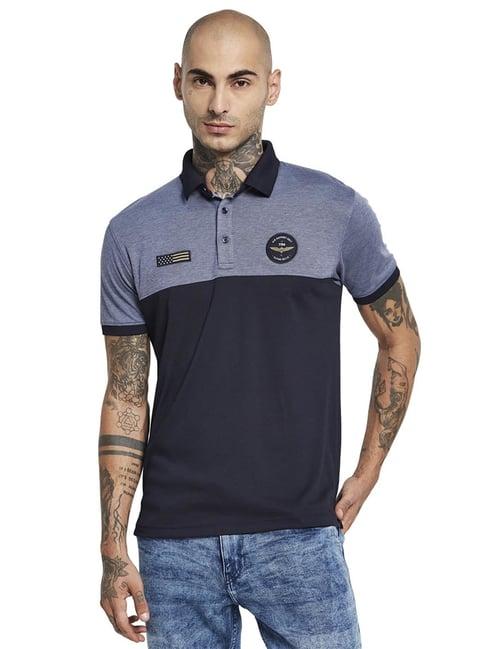 octave blue cotton regular fit colour block polo t-shirt