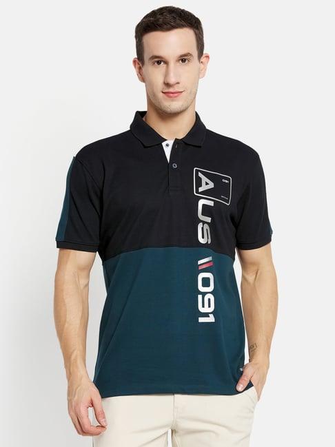 octave blue cotton regular fit colour block polo t-shirt