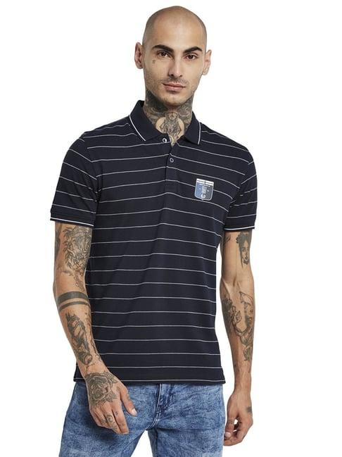 octave blue cotton regular fit striped polo t-shirt