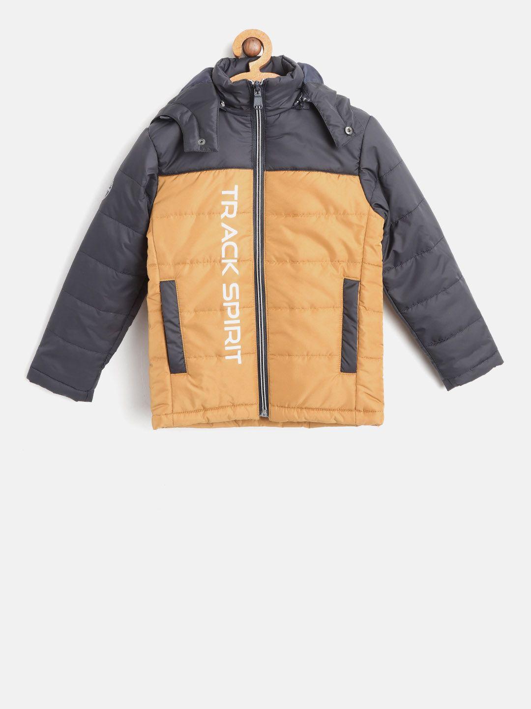 octave boys mustard brown & navy blue colourblocked padded jacket with detachable hood