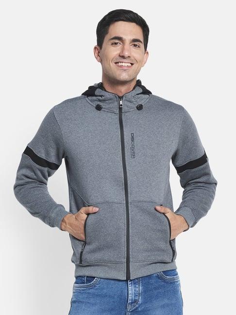 octave dark grey melange full sleeves hooded sweatshirt