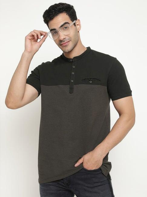 octave dark olive cotton regular fit colour block t-shirt