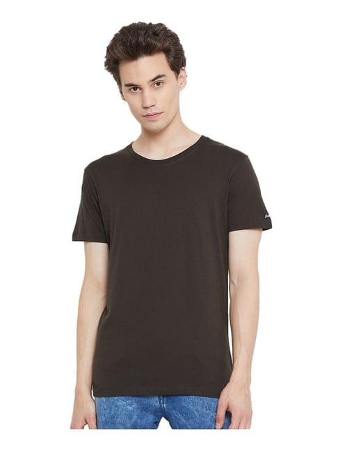 octave dark olive round neck solid t-shirt