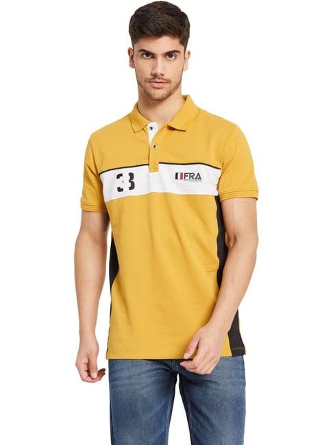 octave dusty mustard cotton regular fit printed polo t-shirt