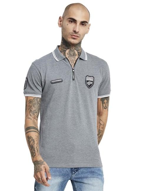 octave grey cotton regular fit self pattern polo t-shirt