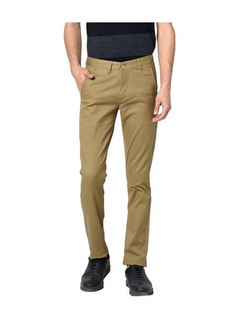 octave khaki solid regular fit cotton trousers