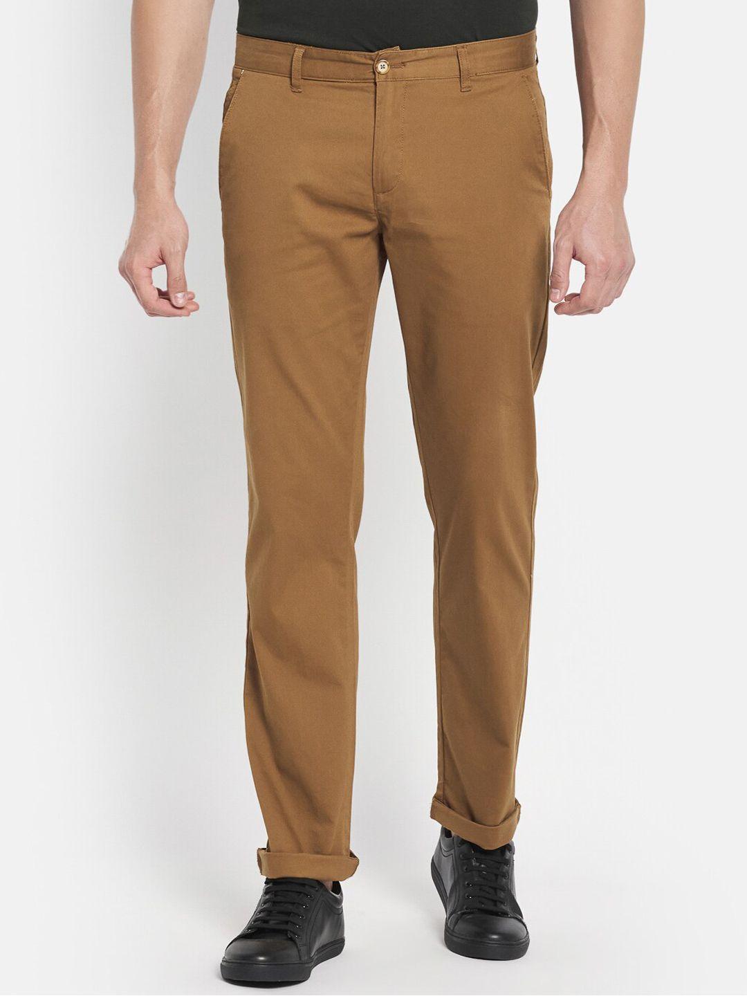 octave men brown regular fit solid cotton chinos trousers