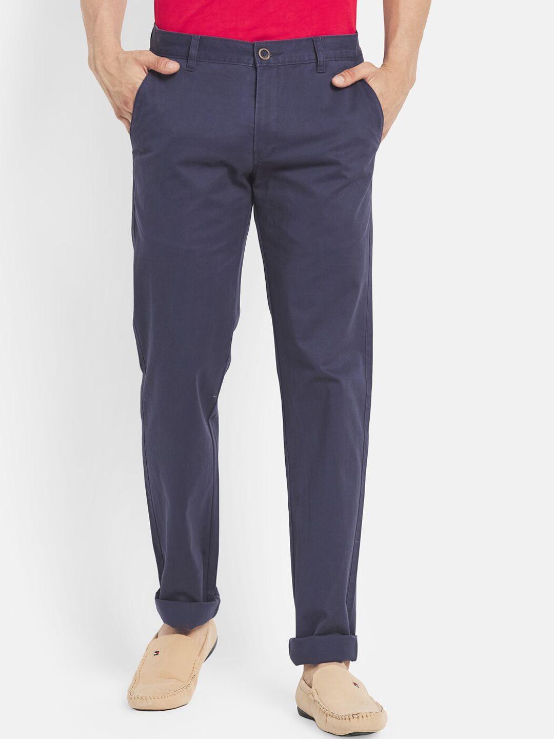 octave men navy blue cotton solid chinos trousers