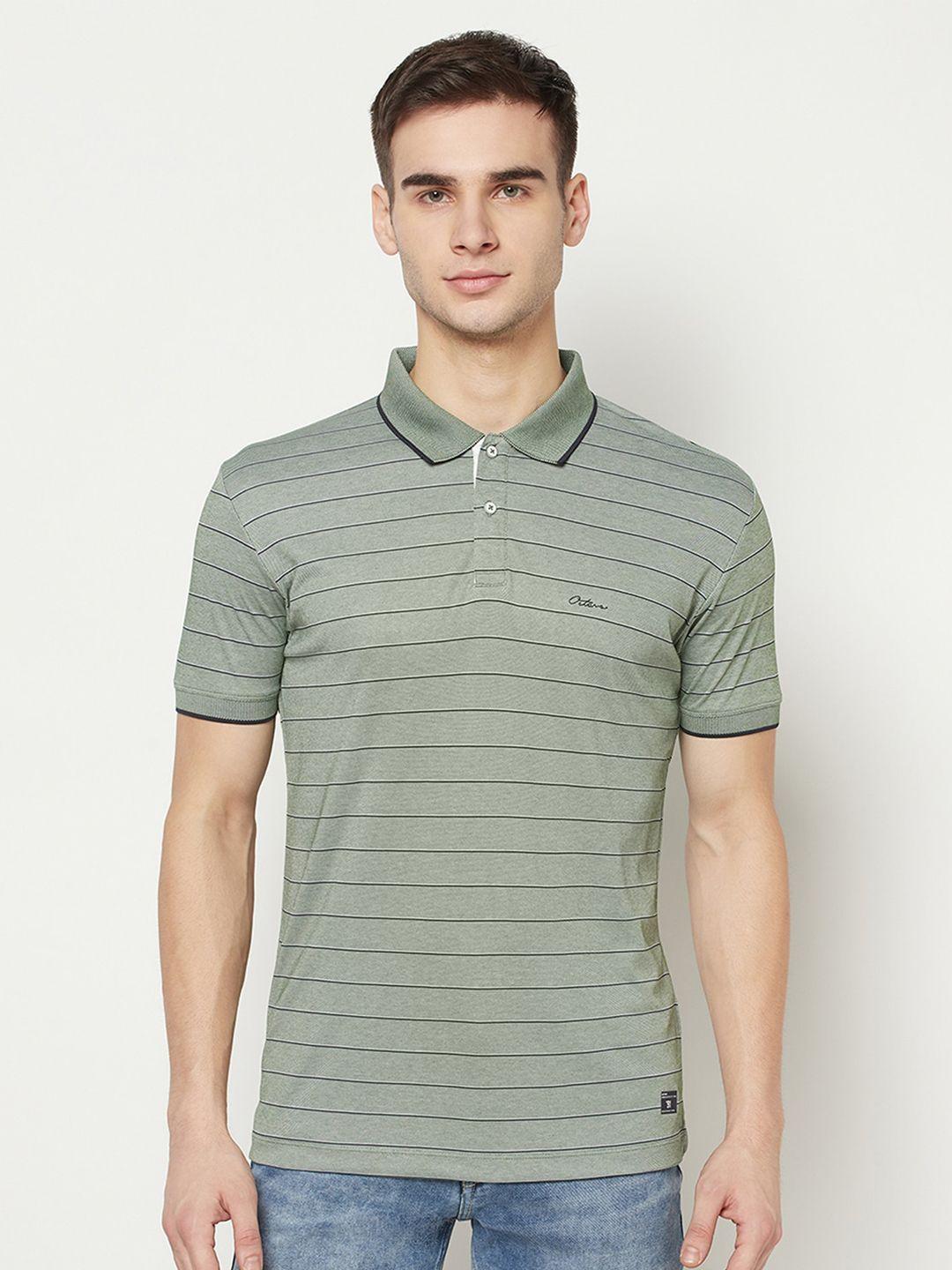 octave men olive green & black striped polo collar t-shirt