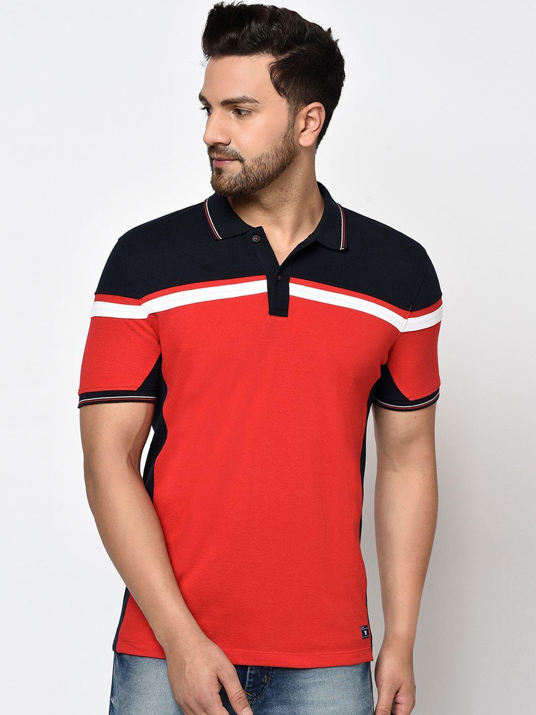 octave men red & black colourblocked polo collar t-shirt