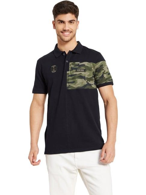 octave navy cotton regular fit printed polo t-shirt