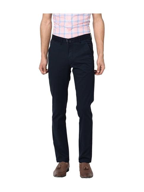 octave navy regular fit solid cotton trousers