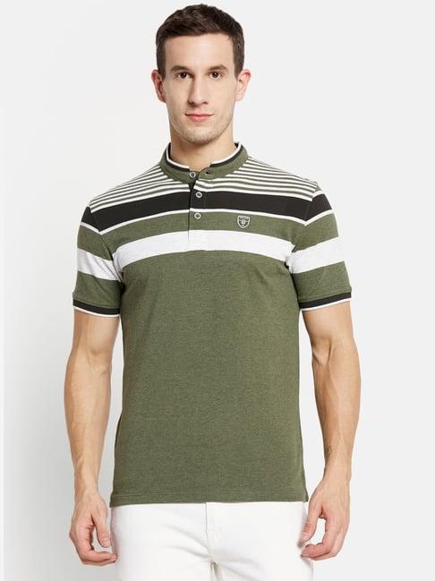 octave olive green cotton regular fit striped t-shirt