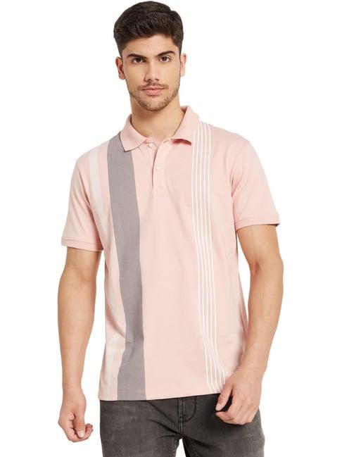 octave suede pink cotton regular fit striped polo t-shirt