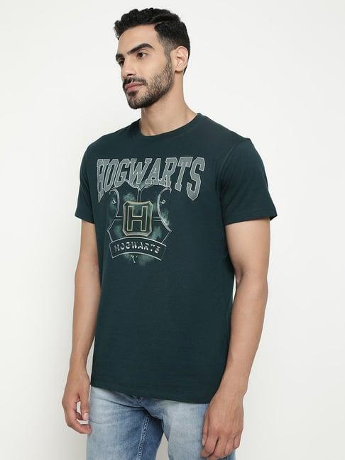 octave teal green cotton regular fit printed t-shirt