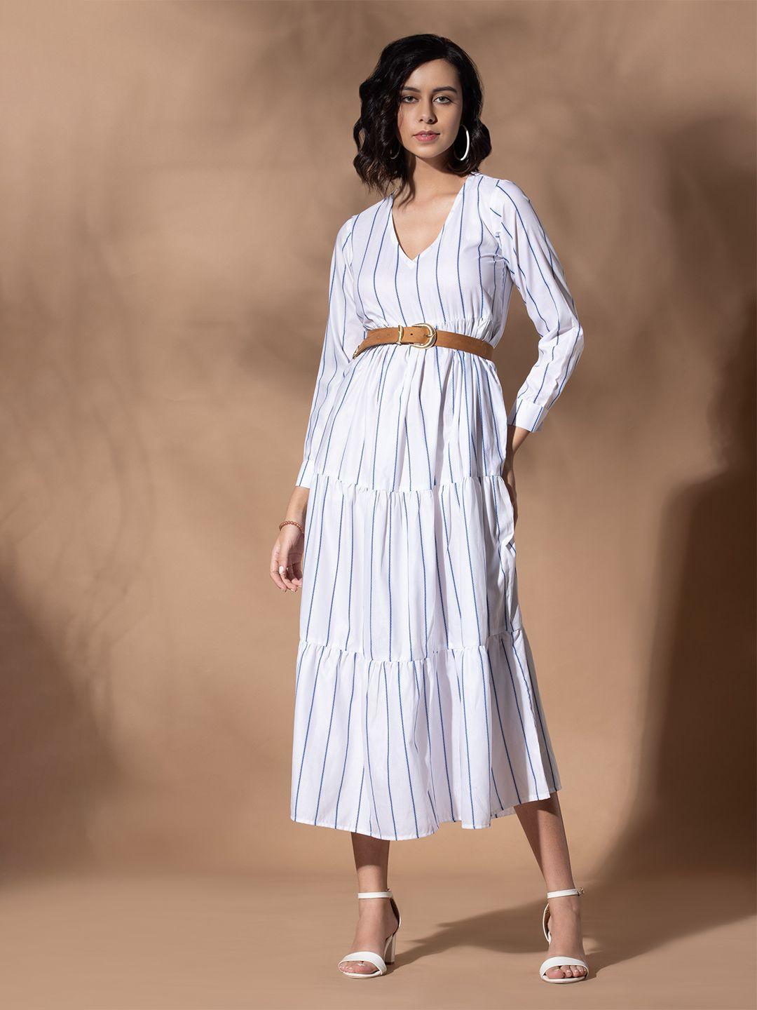 octics white striped a-line midi dress