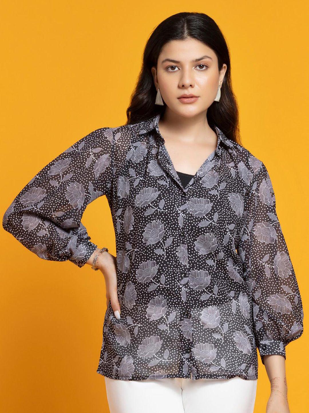 octics black floral print georgette shirt style top